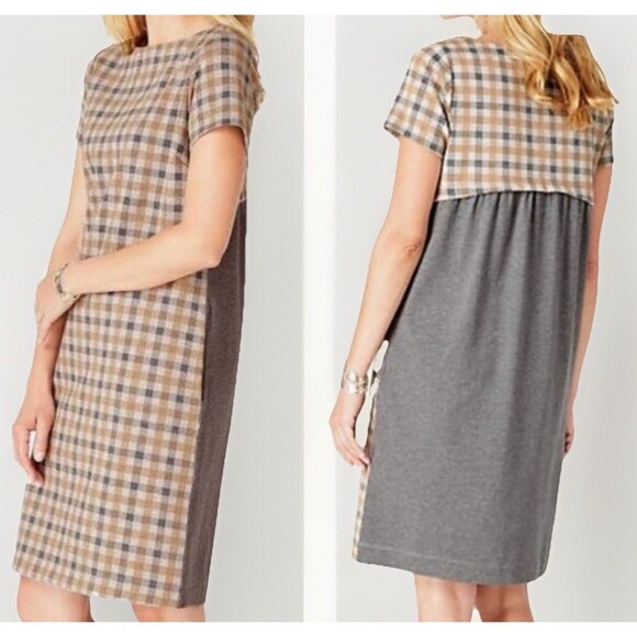 J Jill Womens Plaid Dress Small Tan/Gray Short Sleeve Fall Casual Workwear - Picture 1 of 5